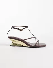エイソス レディース シューズ サンダル ミニ ASOS DESIGN Hightide minimal strappy electroplated wedge sandals in chocolatのサムネイル