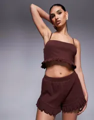 エイソス レディース トップス シャツ ASOS DESIGN crinkle frill hem crop top part of a set Chocolate チョコレートのサムネイル