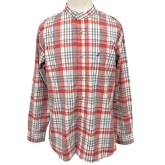 【中古】[印象B] MICHIKO LONDON JEANS ミチコロンドン ジーンズ バンドカラーシャツ メンズ L レッド 赤×灰×白 ポリエステル×綿×ポリウレタン チェック柄 長袖 中国製 古着 胸ポケットに犬の後ろ姿の刺繍 ロングスリーブのサムネイル
