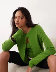 エイソス レディース アウター カーディガン クルーネック ASOS DESIGN compact crew neck cardigan with self covered buttons Greenのサムネイル
