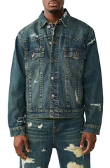トゥルーレリジョン メンズ ボトムス デニムパンツ ジャケット True Religion Jimmy Destroyed Oversize Denim Jacket Rustedenim Darkのサムネイル