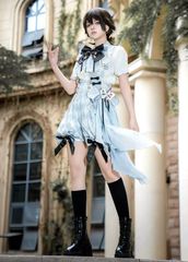 Lolita Alice-inspired subculture motif 4-piece set: blouse, pants, ribbon tie, pocket watch accessory. Asymmetrical, frills, lace, classical, gothic, jirai-kei, mass-produced, cosplay costume, Harajuku style, girly, yami-kawaii, doll-like, short-sleeved, spring/summer, stylish, unique, prince-like.