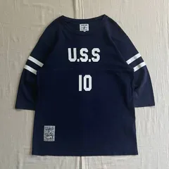 希少モデル　archive　URSUS BAPE　アーサスベイプ　A BATHING APE　フットボールシャツ　7分袖Tシャツ　U.S.Sロゴ　10ナンバリング　袖ライン　裾シルバーワッペン　フェードネイビー　L　C-BOY　ストリート　アメカジ　B-BOYのサムネイル