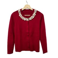 Diagram GRACE CONTINENTAL(ダイアグラム) カーディガン サイズ38 M レディース美品  - レッド×アイボリー 長袖/ビジュー/パールのサムネイル