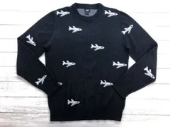 H&M エイチアンドエム メンズ アメカジ トラッド アイビー 古着 飛行機 総柄 ジャガード クルーネック ニット セーター M 紺のサムネイル
