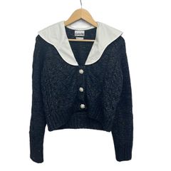 GANNI(ガニー) カーディガン サイズS レディース美品 - ダークネイビー×白 ツイード/ビジュー
