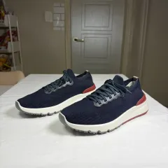 43サイズ ブルネロクチネリ コットン ニット セミ ポリッシュド カーフスキン ランナー ブルー スニーカーのサムネイル