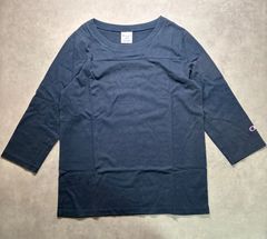 【Champion】チャンピオン ネイビー 七分袖 カットソー ロンT L 綿100% 胸ロゴ 刺繍 カジュアル レディース