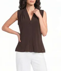 カルバンクライン レディース トップス タンクトップ Vネック ノースリーブ ニット ジャージー Calvin Klein Jersey Knit VNeck Shoulder Pleat Sleevのサムネイル