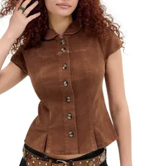 アーバンアウトフィッターズ レディース トップス シャツ コーデュロイ ブラウス BDG Urban Outfitters Lyn Short Sleeve Corduroy Blouse Brownのサムネイル