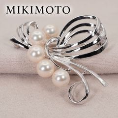 皇室御用達 美品ミキモトMIKIMOTOピンブローチリボン シルバー製アコヤ