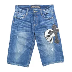 美品 RED PEPPER レッドペッパー ハーフ ショートパンツ デニムパンツ ドクロワッペン ダメージ加工 30 インディゴ メンズ 古着 中古 USEDのサムネイル