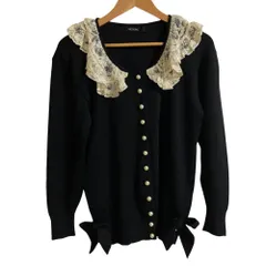 美品 INGEBORG インゲボルグ レースカラー パールボタン ニットジャケット ブラック レディース 古着 中古 USEDのサムネイル