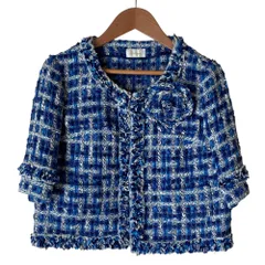 美品 Harrods ハロッズ フラワーコサージュ ツイード ノーカラージャケット 1 ブルー レディース 古着 中古 USEDのサムネイル