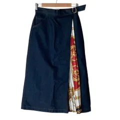 美品 JAPAN DENIM MUVEIL ミュベール 別注 SIDE SCARF PRINTED LONG FLARE SKIRT デニム スカーフ プリーツスカート 1 インディゴ レディース 古着 中古 USEDのサムネイル