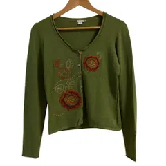 美品 MARELLA マレーラ フラワーエンブロイダリー レーヨンニット カーディガン Mサイズ グリーン レディース 古着 中古 USEDのサムネイル