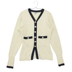 CHANEL シャネル カーディガン ピュアカシミヤ100% バイカラー ロングニット Vネック 金ボタンココマークボタン ベージュ×ネイビー M レディース 【中古】のサムネイル