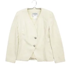 CHANEL シャネル ツイード ノーカラージャケット ブレザー フランス製 00T P15180V08559 ホワイト系 36【S】 レディース 【中古】のサムネイル