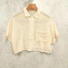 ELENCARE DUE エレンカーレデュエ メッシュレースシャツ  半袖 ショート丈 ポケット トップス ブラウス オフホワイト Fサイズ □〇のサムネイル