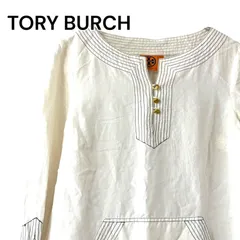 TORY BURCH トリーバーチ レディース リネン混 チュニック ブラウス シャツ カットソー トップス カラー ホワイト 白 ネイビー 紺 金ボタン ロゴ刻印 キーネック ステッチ 長袖 ポケット 麻 コットン M L 6 大きいサイズ 1560BCのサムネイル