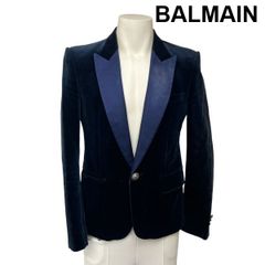 ◆ バルマン BALMAIN タキシードジャケット ピークドラペル ワンボタン 異素材 肩パット ブルー コットン S～M メンズ S6I545