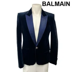 ◆ バルマン BALMAIN タキシードジャケット ピークドラペル ワンボタン 異素材 肩パット  ブルー コットン S～M メンズ S6I545のサムネイル