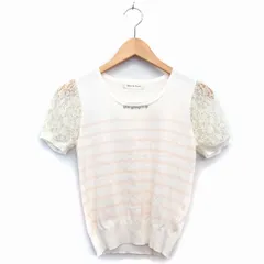 デビュー ド フィオレ Debut de Fiore ニット カットソー 丸首 半袖 綿混 切替 レース ボーダー 柄 ビジュー装飾 リブ 38 ホワイト 白 /HT30のサムネイル