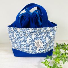 【訳あり】保冷・保温ランチバッグ 巾着トートバッグ ブルー バラ柄　ハンドメイド