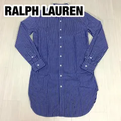 【良好】 RALPH LAUREN ラルフローレン ストライプ 長袖ロングシャツ チュニック サイズ9 ブルー 青 刺繍ロゴ 着丈84cm 肩幅39.5cm 身幅(脇下)45cm 袖丈58.5cm Mサイズ相当【古着】のサムネイル