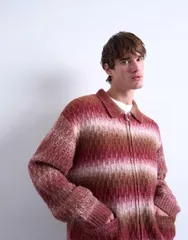 トップマン メンズ アウター カーディガン ウール ニット Topman knit wool blend zip up cardigan BROWN ブラウンのサムネイル