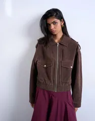トップショップ レディース アウター ジャケット・ブルゾン スエード ジャケット Topshop faux suede bomber jacket with snap details in chocoのサムネイル
