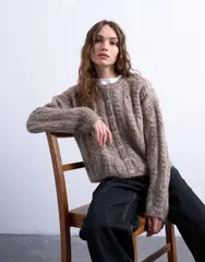 トップショップ レディース アウター カーディガン ニット Topshop knit fluffy cable cardigan in oat Oatのサムネイル