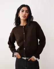 エイソス レディース アウター カーディガン レース ニット ASOS DESIGN knit cardigan with lace inserts and buttons Brown ブラウンのサムネイル