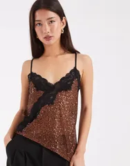 エイソス レディース トップス タンクトップ アシンメトリー レーストリム スパンコール レース ASOS DESIGN asymmetric sequined cami top with laceのサムネイル