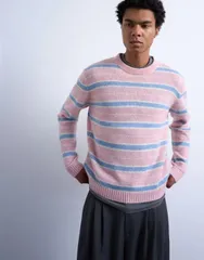 トップマン メンズ アウター ニット・セーター リラックスフィット Topman relaxed fit open knit fluffy striped sweater PINK ピンクのサムネイル