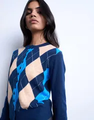 トップショップ レディース アウター カーディガン ニット Topshop knit fine argyle cardiganavy ネイビーのサムネイル
