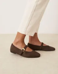 エイソス レディース シューズ パンプス スエード ASOS DESIGN Wide Fit Leah mary jane ballet flats in chocolate suedette CHOのサムネイル