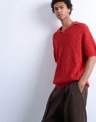 トップマン メンズ トップス ポロシャツ ニット Topman knit checkerboard crochet polo shirt RED レッドのサムネイル