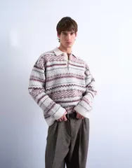 トップマン メンズ アウター ニット・セーター レギュラーフィット ポロシャツ ニット Topman regular fit fairisle stripe knit polo in ecru ECRのサムネイル