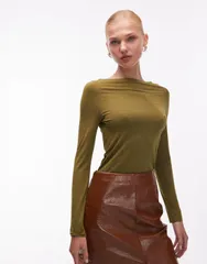 エイソス レディース トップス Tシャツ ASOS DESIGN slinky slash neck long sleeve top Khaki カーキのサムネイル