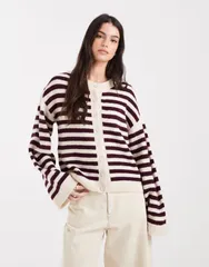 エイソス レディース アウター カーディガン ニット ASOS DESIGN fluffy knit cardigan in berry stripe Wine stripe ワインのサムネイル