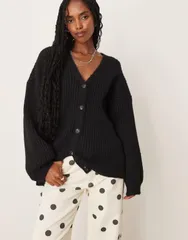 エイソス レディース アウター カーディガン リブ ウール ニット ASOS DESIGN knit wool blend slouchy cardigan with chunky ribbed teのサムネイル