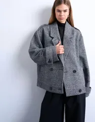 トップショップ レディース アウター コート ウール ジャケット Topshop formal 80s double breasted wool blend bomber jacket gray グレのサムネイル