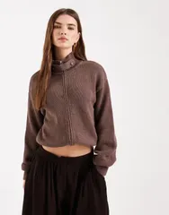 エイソス レディース アウター カーディガン スタンドネック ニット ASOS DESIGN knit funnel neck zip up cardigan Brown ブラウンのサムネイル
