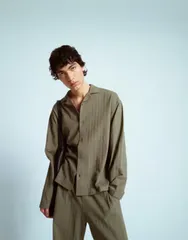 トップマン メンズ トップス ポロシャツ ジャージー Topman crop fit long sleeve button up jersey shirt with seersucker Khakiのサムネイル
