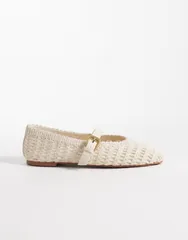 エイソス レディース シューズ パンプス ASOS DESIGN Wide Fit Leah crochet mary jane ballet flats in cream クリームのサムネイル