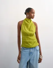 トップショップ レディース トップス タンクトップ ホルター Topshop soft funnel halter neck toplaid Green check グリーンのサムネイル