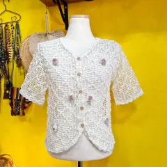 編み カーディガン 白 花刺繍のサムネイル
