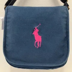 6941 RALPH LAUREN ラルフローレン ショルダーバッグ 紐調節可能 フラップ キャンバス ネイビー×ピンク系 馬 ホース 刺繍 レディースのサムネイル