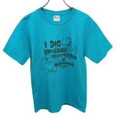 【中古】[印象B] JERZEES ジャージーズ Tシャツ キッズ L ブルー 青×黒 コットン×ポリエステル プリント クルーネック 半袖 エルサルバドル製 古着 恐竜と英字のプリント 丸首 ショートスリーブのサムネイル